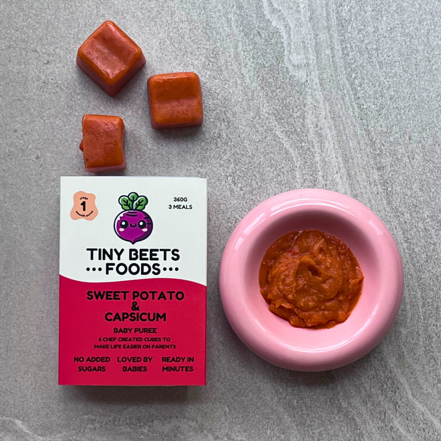 Tiny Beets Sweet Potato & Capsicum Stage 1 smooth baby puree, 6 pack of 60g freezer cubes