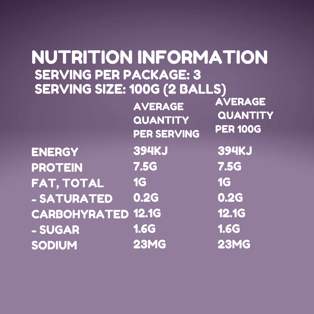 
                  
                    Nutrition Information Panel for Fish, Potato & Dill Balls showing 3 servings per pack and 100g (2 balls) per serving. Each serve contains 394kJ energy, 7.5g protein, 1g fat, 0.2g saturated fat, 12.1g carbohydrates, 1.6g sugar, and 23mg sodium.
                  
                