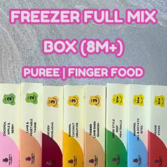 All 8 packs inside the Freezer Full Mix Box — Stage 2 and 3 purees plus BLW finger foods