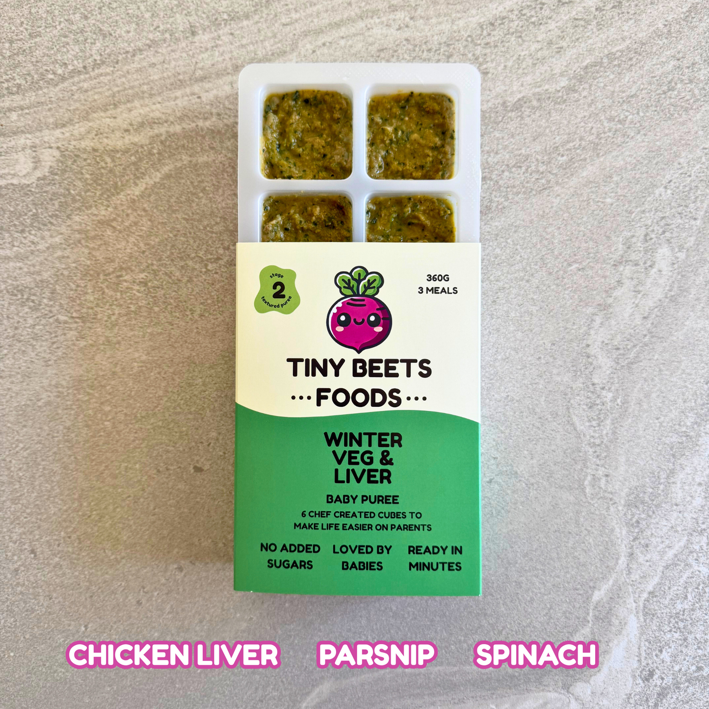 Pack of Tiny Beets Foods with winter veg and liver baby puree on a textured surface